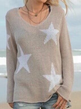 Wooden Ships Starry Top V-Neck Cotton Sweater Coastal Beach Khaki White X Small